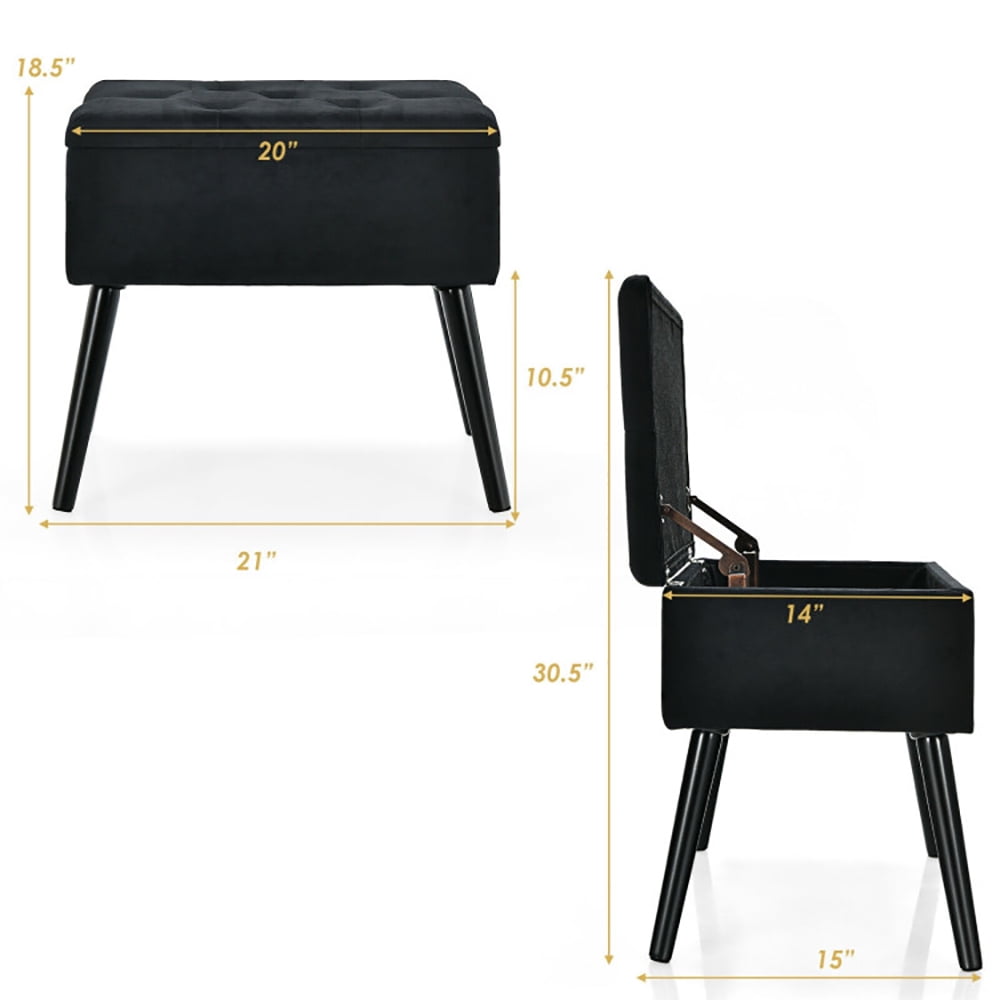 Finihen Velvet Storage Ottoman, Storage Foot Rest, Upholstered Footrest Stool, Velvet Footstool with Solid Wood Legs, for Makeup Room, Living Room, Bedroom, Black