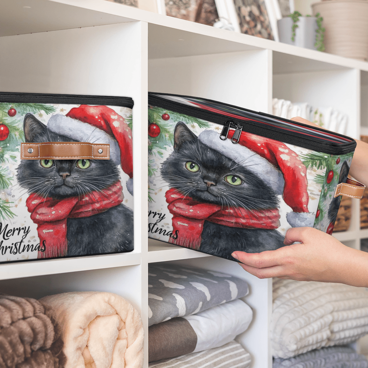 ADECORIVY Black Cat Christmas Storage Bin with Zipper Lid, Fabric Foldable Shelf Baskets Boxes, Closet Lidded Storage Bins, Decorative Clothes Organizer for Bedroom Home
