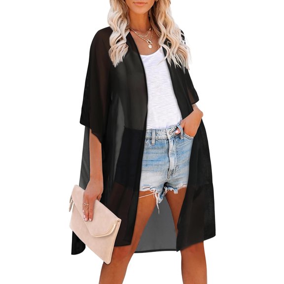 JuneFish Women Beach Kimono Swimsuit Bathing Suit Cover Up Swimwear Sheer Chiffon Cardigan Tops