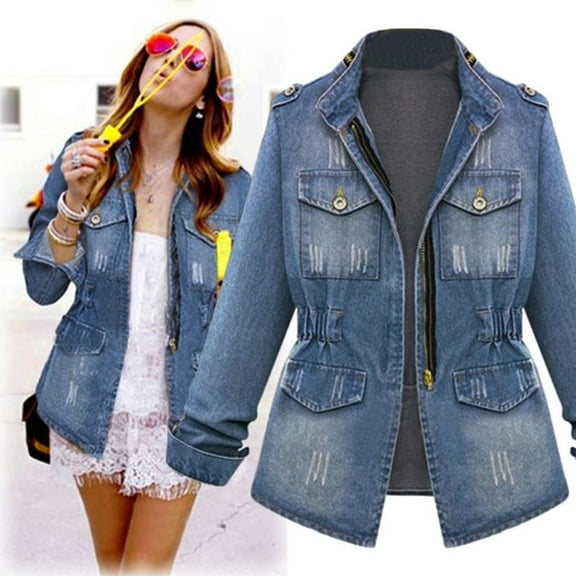 Sanbonepd Plus Size Casual Womens Ladies Denim Oversize Jeans Chain Jacket Pocket Coat