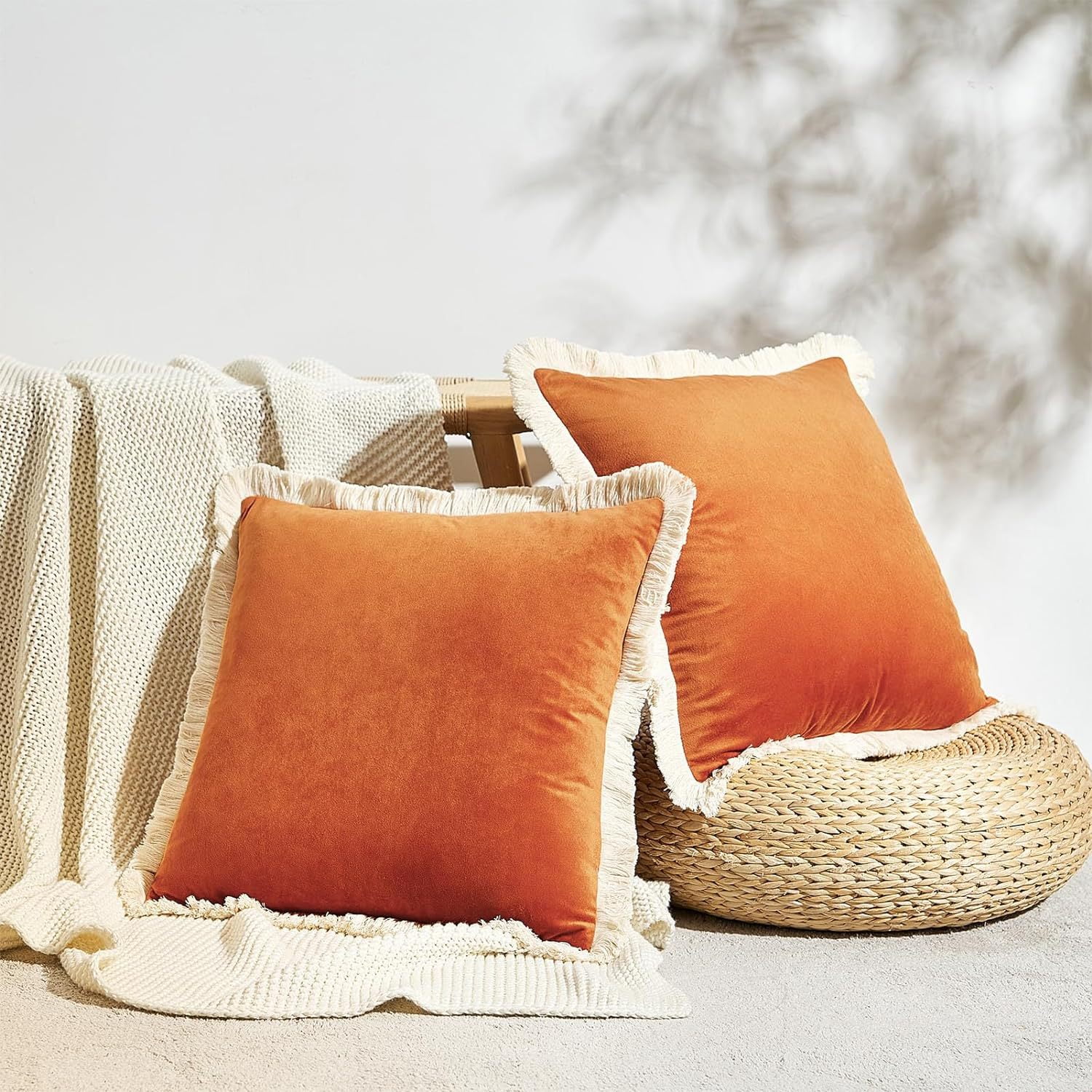 Yumcute Pillow Covers 20x20 Set of 2 Beige Throw Pillow Covers with Fringe Chic Cotton Decorative Pillows Square Cushion Covers for Sofa Couch Bed Boho Decor