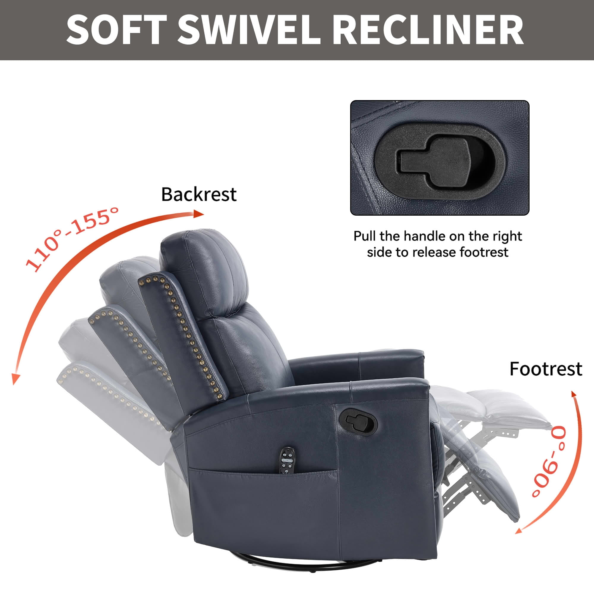 MAYEERTY Blue Genuine Leather Manual Recliner, 360° Swivel Rocker Heat Massage 31"x38"x42" for Living Room