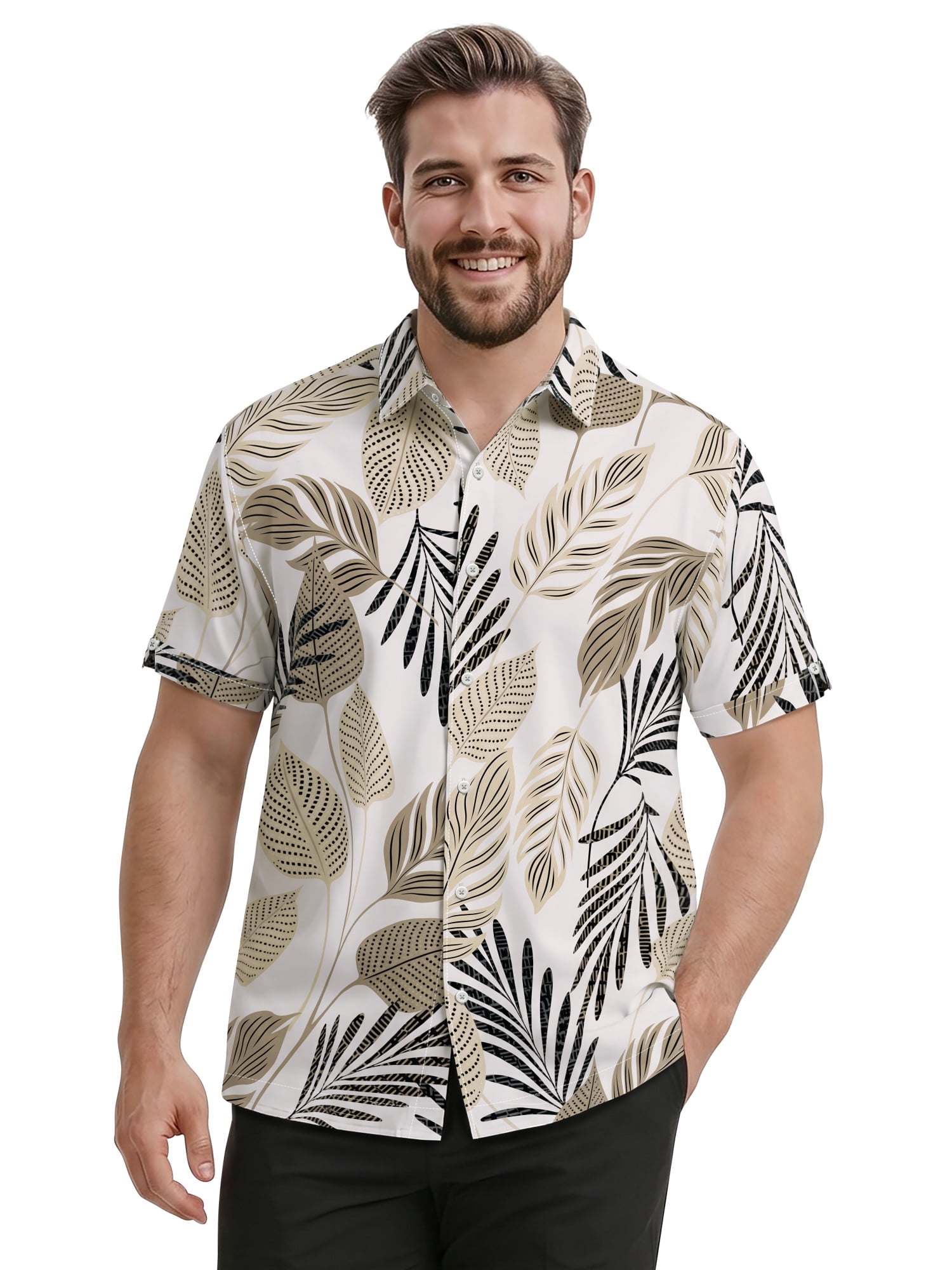Havanera Men's and Big Men's Textured Leaf Print Linen-Cotton Short Sleeve Woven Shirt, Sizes S-5XL