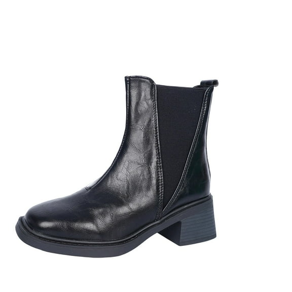 Black Ladies Slip On Boots Square Toe Chunky Heel Solid Color For Casual Winter Wear