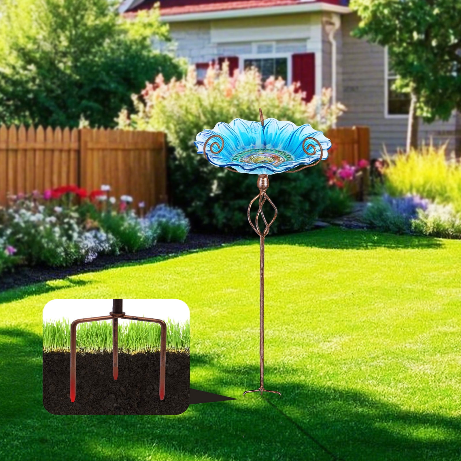 Bird Baths - Outdoors Sunflower Glass Birdbaths Outdoor Garden Birdfeeder with Metal Stake Bowl with Stake for Garden Yard Decor Blue