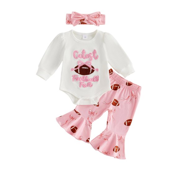 RUINIXCW Baby Girl Cute Football Fan Outfit Set White Bodysuit with Ball Pink Ruffle Flare Pants Headband