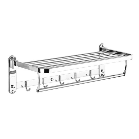 Amdohai Bath Towel Rack Foldable 23 Inch Bathroom Shelves with 5 Hooks Wall Mounted Towel Holder with Towel Bar Rustproof Stainless Steel Towel Shelf