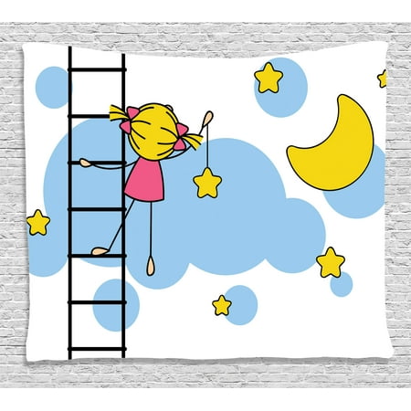 - House Decor Tapestry, Little Girl Ladder Hanging a Star in Night Sky with Half Moon Cartoon Picture, Wall Hanging for Bedroom Living Room Dorm Decor, 60W X 40L Inches, Yellow Blue, by Ambesonne
