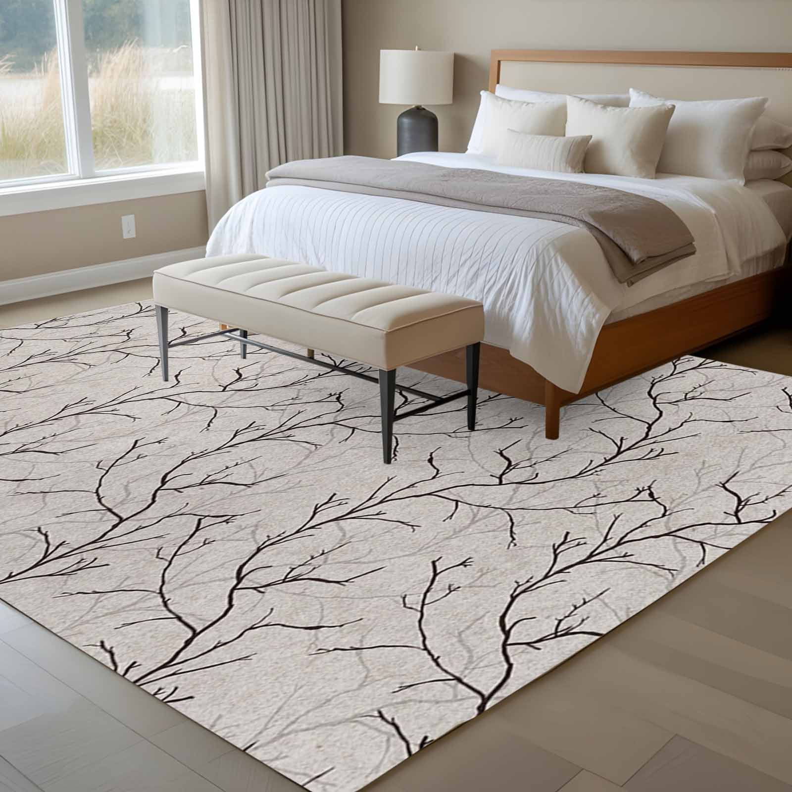 Black Grey Branches Area Rugs 8'x10', Washable Small Throw Rugs for Living Room Patio, Vintage Art Farmhouse Indoor Outdoor Rug Non-Slip Low Pile Carpet Runner Reversible Floor Mats