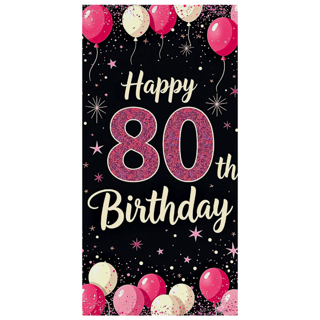Pink Theme Happy 80th Birthday Banner Glitter Design Decorative Balloons for Birthday Party Celebration Photo Booth Backdrop