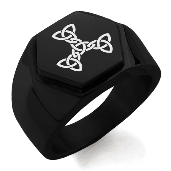 Stainless Steel Celtic Triquetra Interlaced Knot Engraved Hexagon Crest Flat Top Biker Style Polished Ring