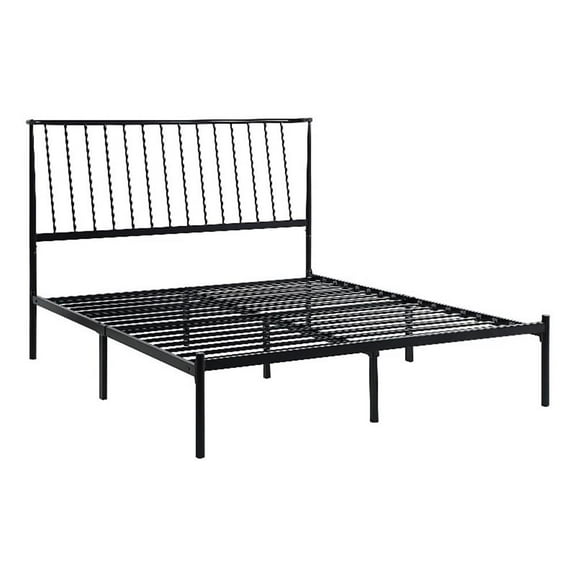 Angie Queen Bed- Platform Foundation- Slatted Headboard- Black Metal Frame