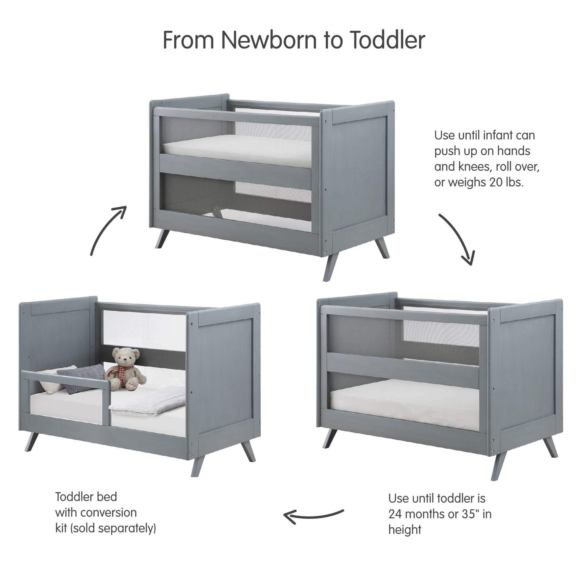 BreathableBaby Breathable Mesh 3-in-1 Convertible Crib, Gray, Greenguard Gold Certified