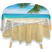 SKYSONIC Tropical Beach Coconut Palm Round Tablecloth 60inch Indoor Wrinkle Free, Summer Ocean Circular Lace Table Cover Washable for Kitchen Party BBQ Dining Decor