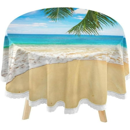 SKYSONIC Tropical Beach Coconut Palm Round Tablecloth 60inch Indoor Wrinkle Free, Summer Ocean Circular Lace Table Cover Washable for Kitchen Party BBQ Dining Decor