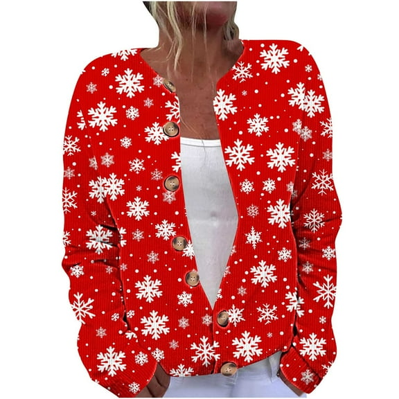 Christmas Sweaters for Women Plus Size Holiday Graphic Button Up Cardigans Winter Warm Cozy Knit Sweater Coats (XL, Red)