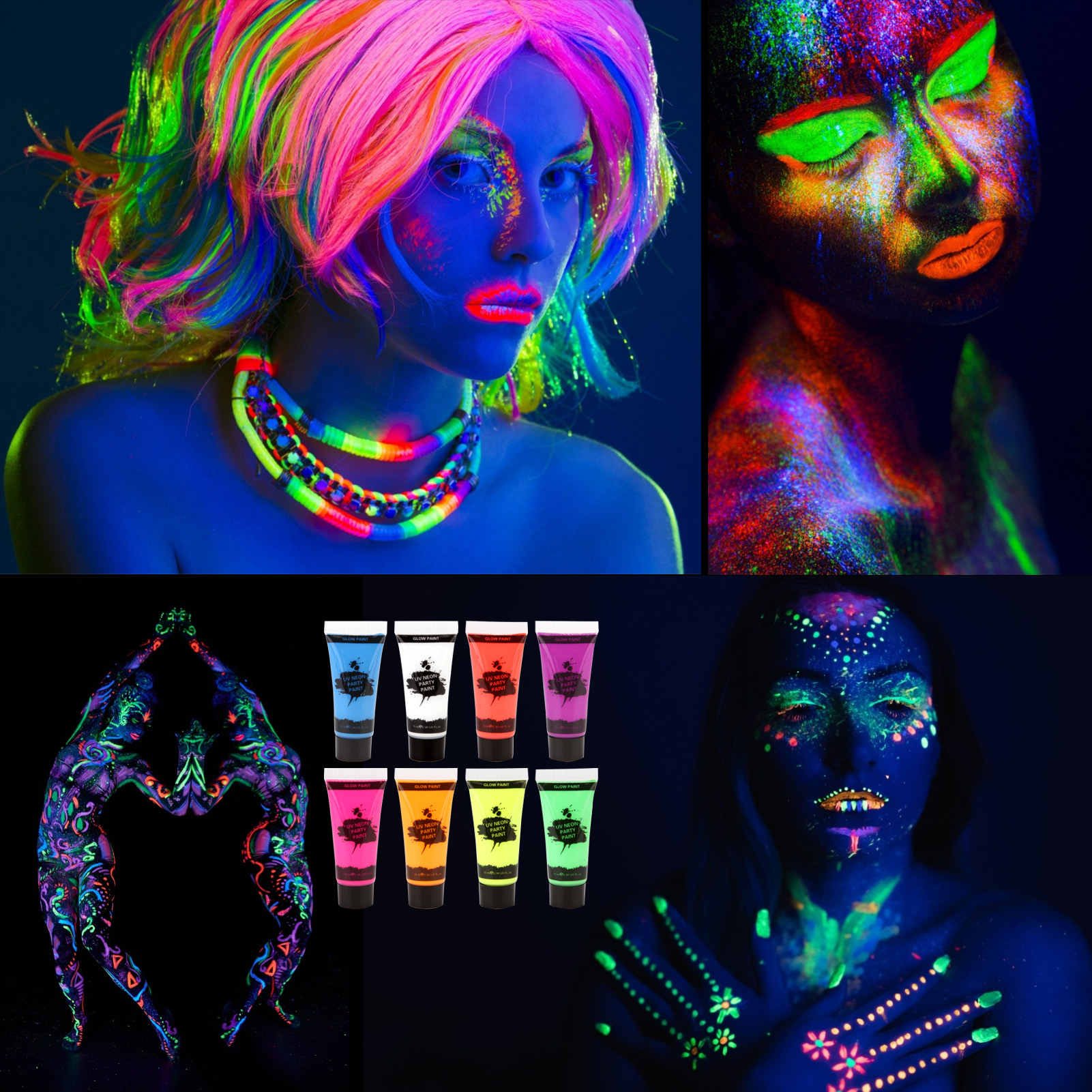 Abanopi 8 Tubes 10ml/0.34oz Neon Face & Body Paint 8 Colors Neon  Fluorescent Blacklight Glow Bodypaint for Costume Makeup Festival Party 