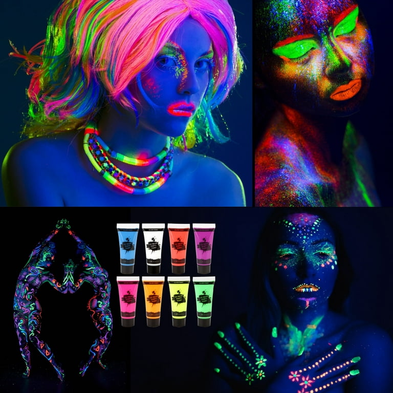 Blue Squid Glow In The Dark Paint - 8 Color Neon Face & Body Paint + BONUS  Ultraviolet Flashlight