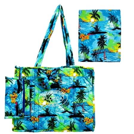 HAPPY BAY Women s Summer Water Resistant Pool Tote Bag with Matching Beachwear Holiday Sarong Wrap One Size Palm Tree Blue