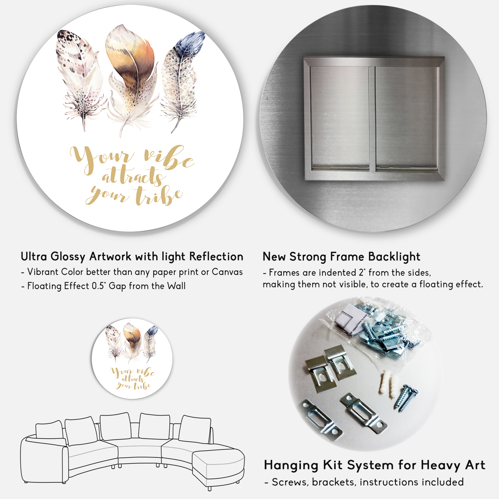 Designart 'Multicolored Ethnic Art Feathers With Inspiring Quote' Bohemian & Eclectic Circle Metal Wall Art 36x36 - Disc of 36