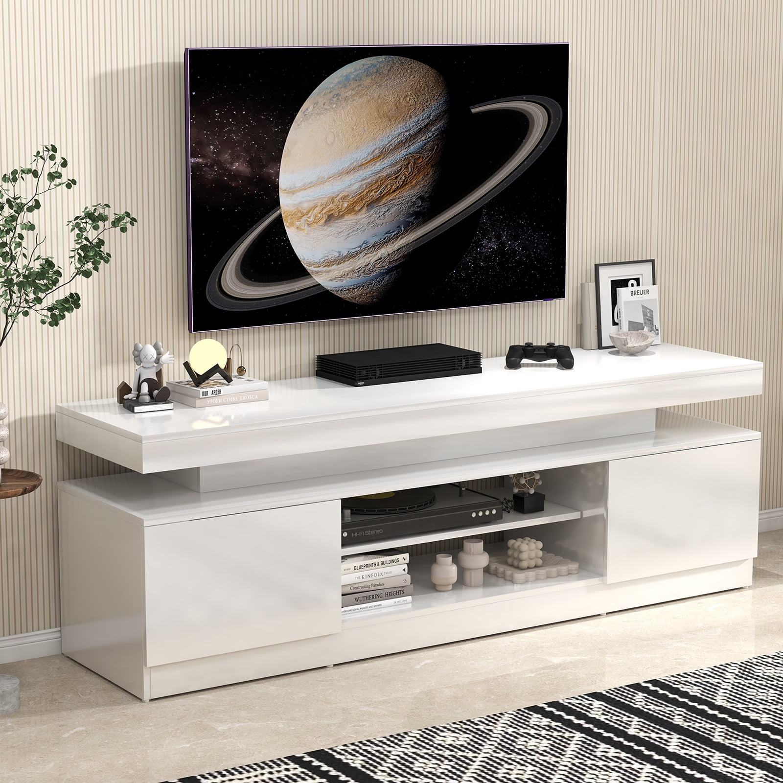 JOIVI LED TV Stand with Power Outlets, Modern High Gloss Entertainment Center for TVs Up to 75", TV Media Console with Storage, White