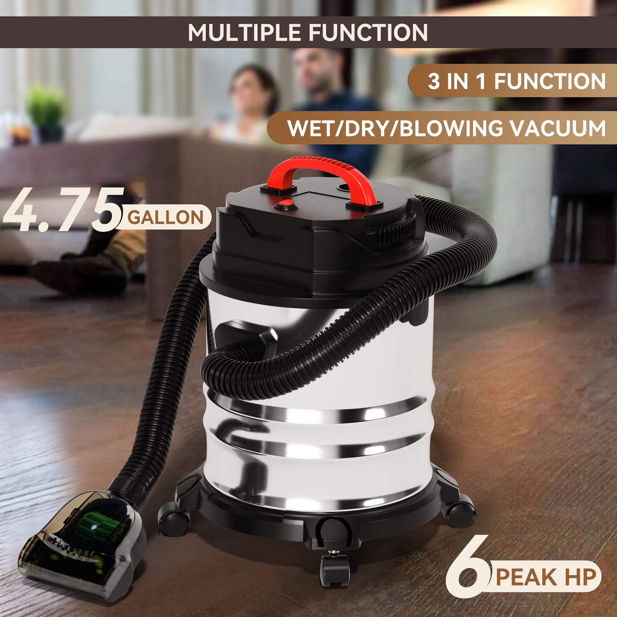 Wet Dry Vacuum Cleaner, 4.75 Gallon 1800W 6 HP Peak Stainless Steel Shop Vacuum Wet and Dry, with Filter and Attachments for House Garage Workshop Car