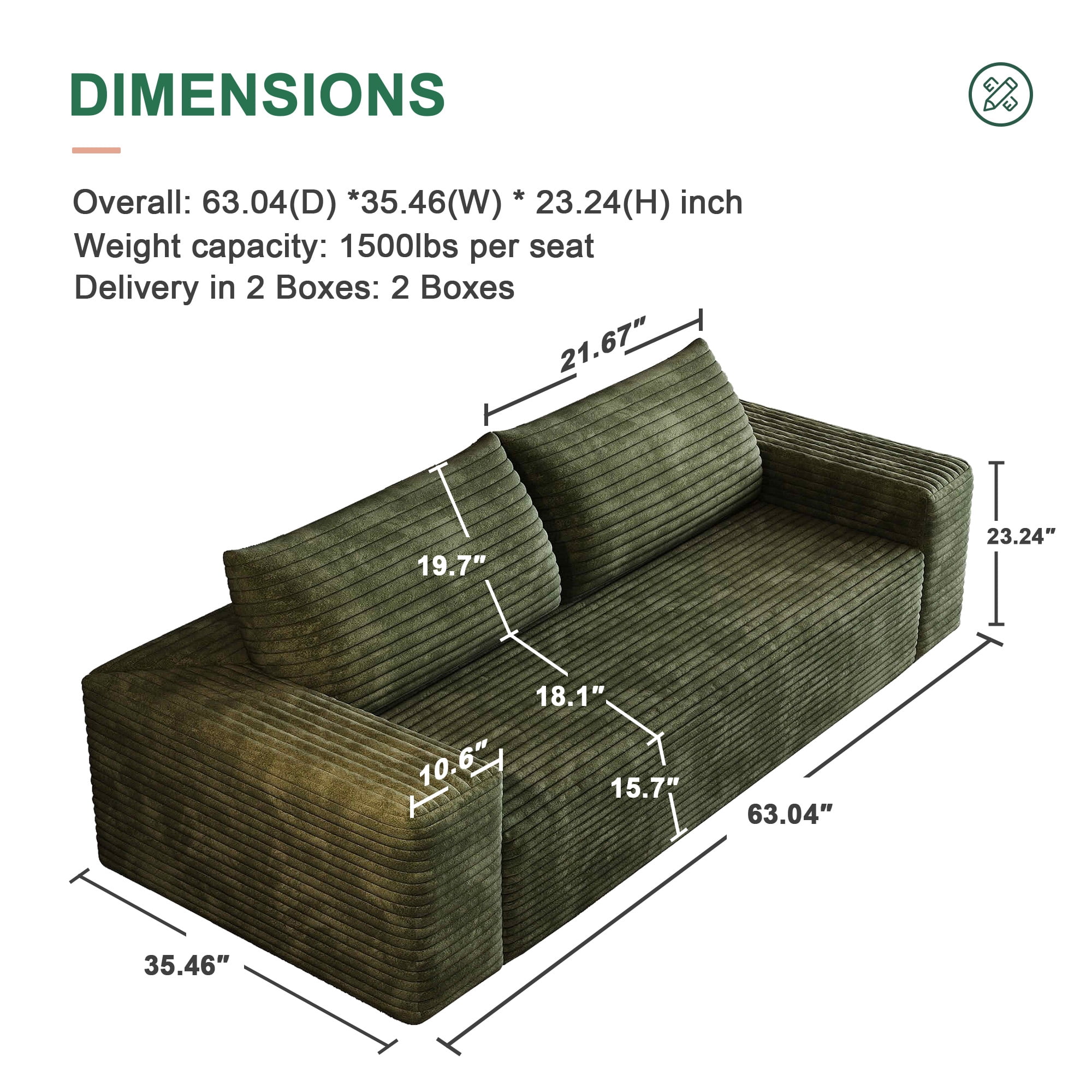 MAYEERTY 63" 2-Seater Sofa Green Corduroy Deep Seat No Assembly Living Room/Bedroom/Conference Room