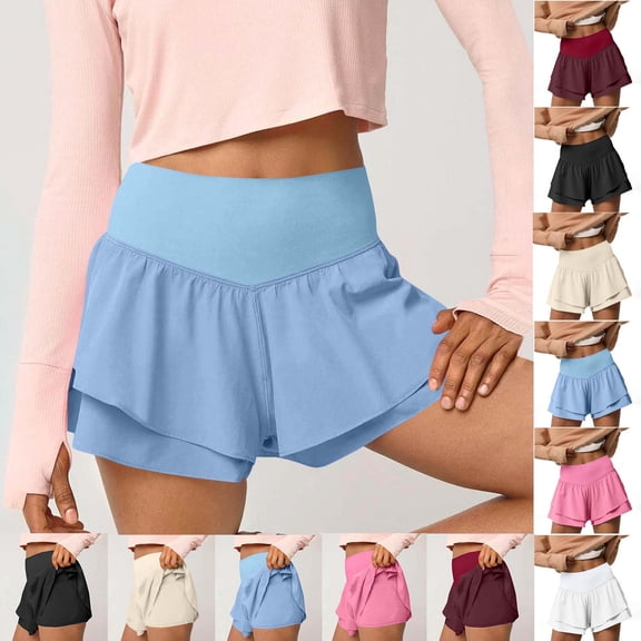 Zedker Womens High Waisted Athletic Shorts Ruffle Tiered Running Workout Tennis Shorts with Build in Shorts Beige L