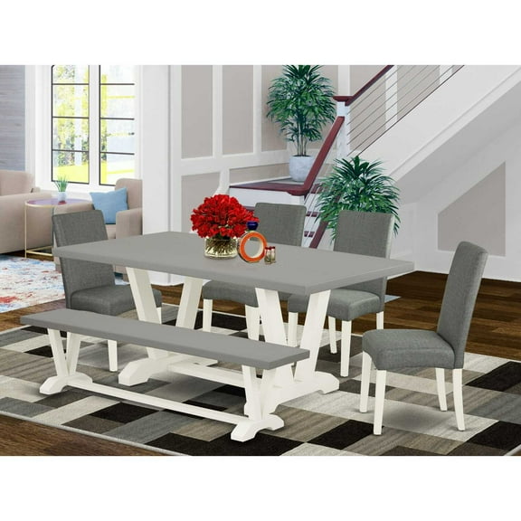 East West Furniture V097DR207-6 6-Pc Dining Room Set - 4 Dining Chairs, a Modern Bench Cement Top and 1 Modern Cement Dining Room Table Top with High Chair Back - Linen White Finish