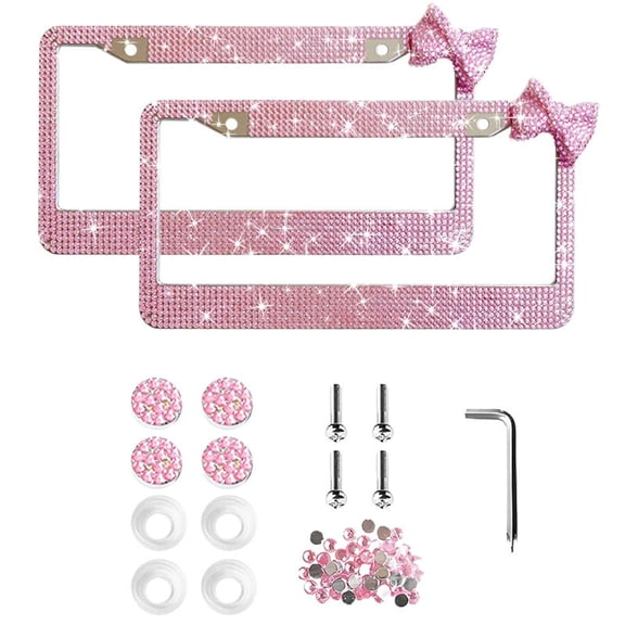 License Plate Frame - Lastingly Bling and Sparkly License Plate Frame for Women, Stainless Steel & Obstruction-Free Frame with Multifaceted Rhinestones, Pink Heart Design, Pink,2 Pack