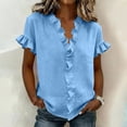 thumbnail image 4 of Gfyviroh Trendy Tops for Women Ruffle Trim V-Neck Casual Shirt Cotton Linen Short Sleeve Summer Blouse, 4 of 4