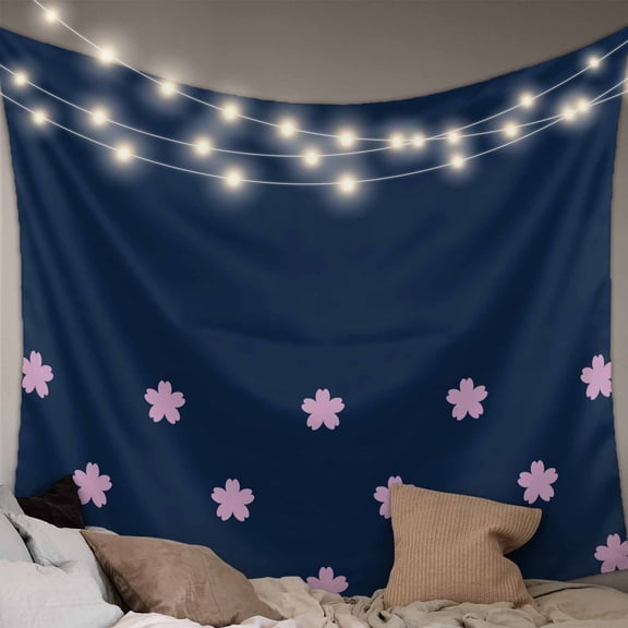 Pink Flower Small Tapestry for Bedroom Wall Hanging Tapestry, Japanese Style Floral Navy Blue Ceiling Backdrop Tapestries Poster Blanket Wall Decor for Teens Room Living Room Dorm 23" x 28"