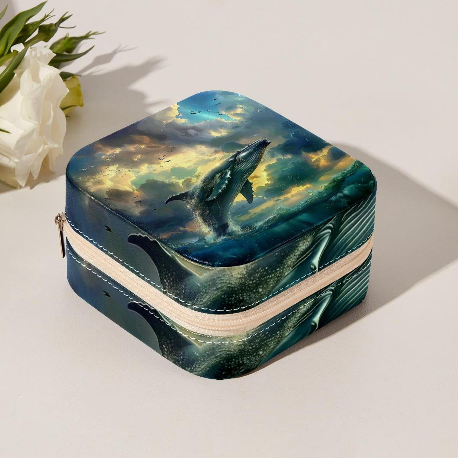 PhooArto Small Jewellery Box, Ocean Sea Whale Portable Travel Mini Jewelry Case for Women Leather Ring Organizer