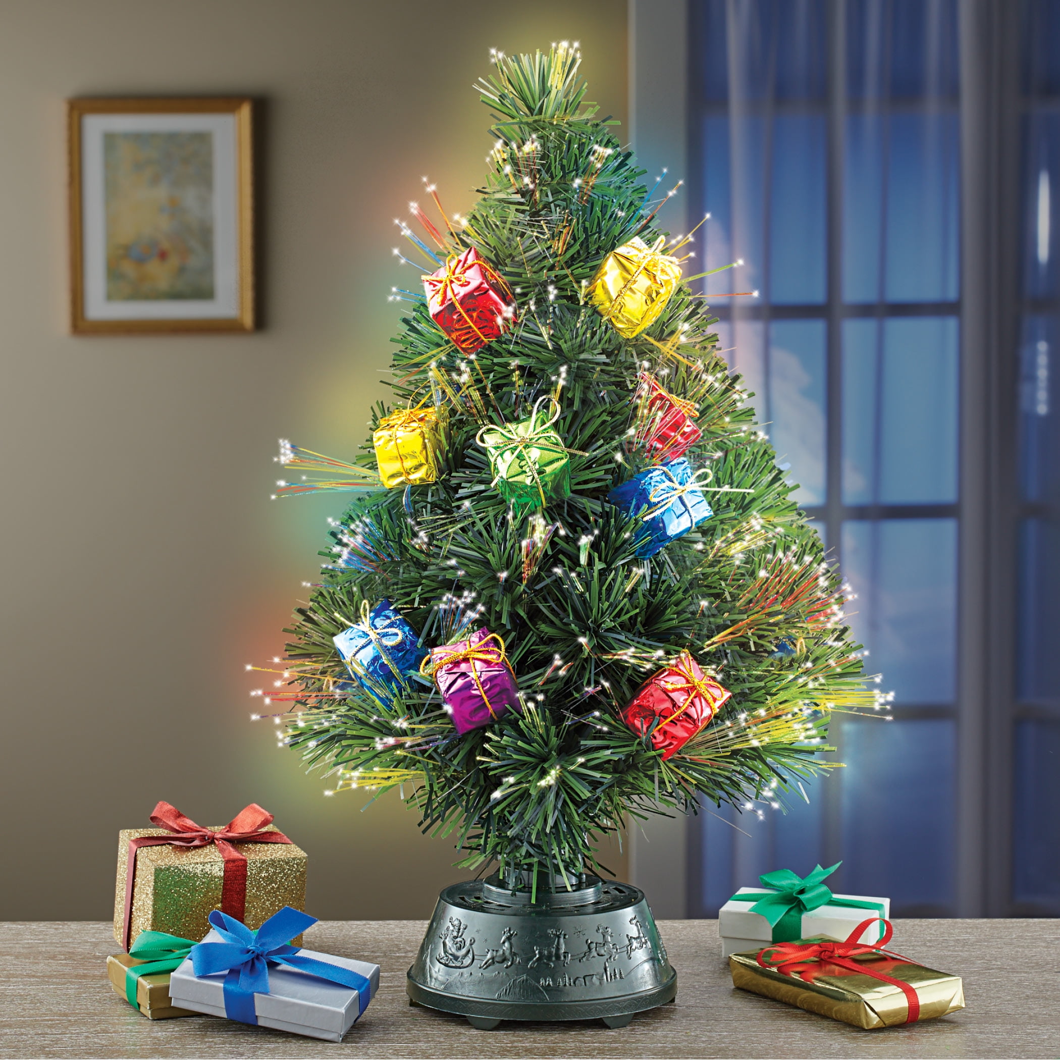 Rotating Tabletop Christmas Tree with Fiber Optic Lights, Gift Ornaments - Walmart.com - Walmart.com