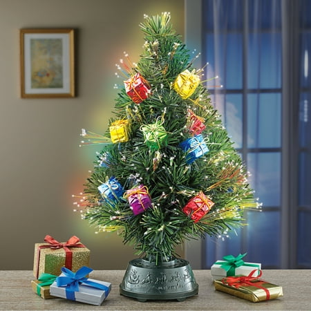 Rotating Tabletop Christmas Tree with Fiber Optic Lights, Gift