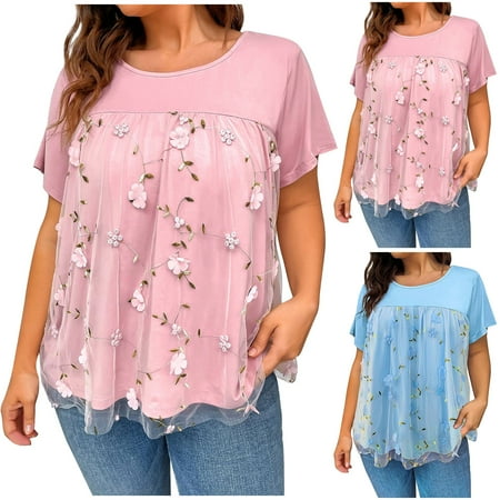 Fesfesfes Oversized Tees for Women s Summer Temperament Lace Patchwork Mesh Printed Plus Size T-shirt Top Gym Tops 10(XL)