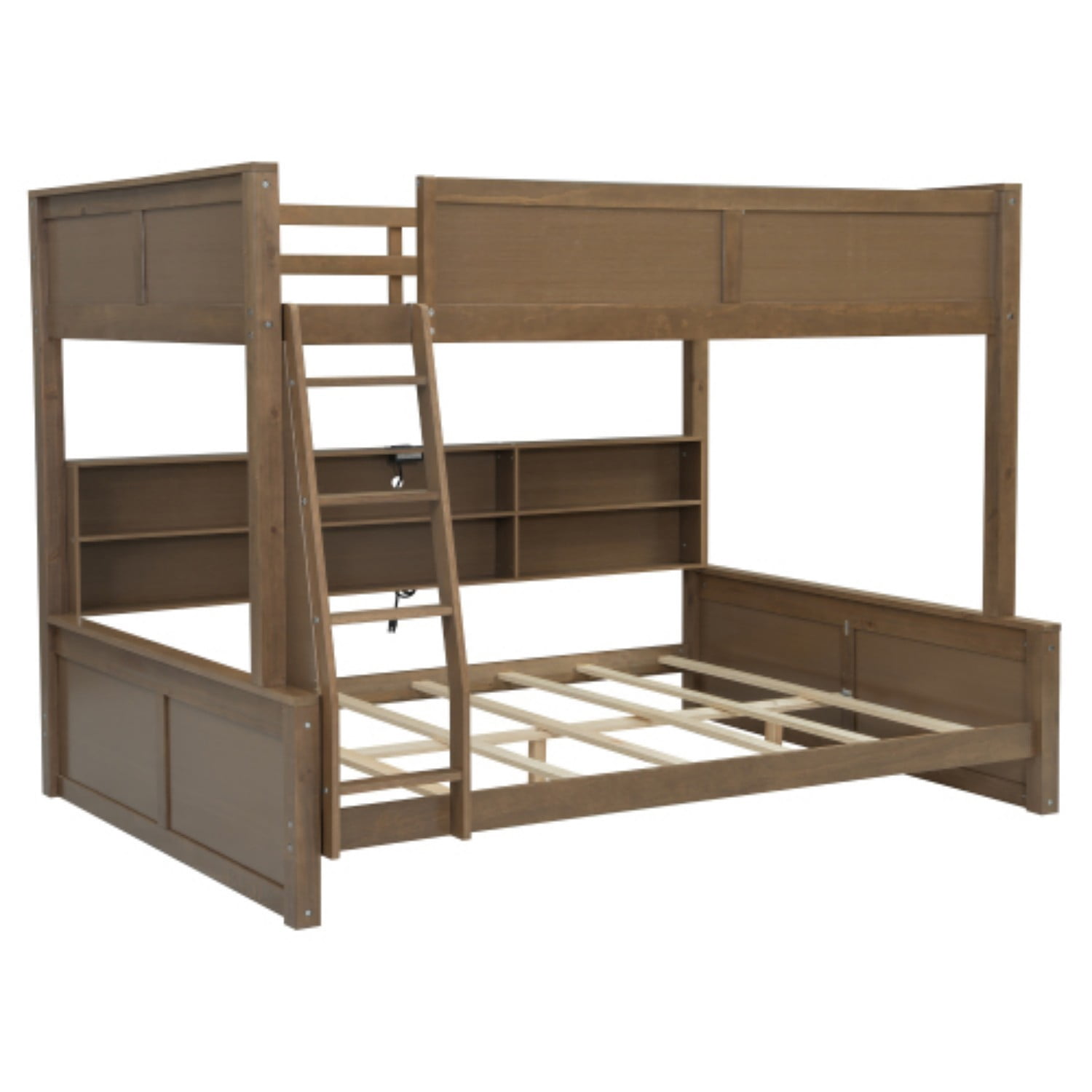 Queen over Queen Bunk Bed with Storage Cabinets & USB Ports, Solid Wood Frame, Space Saving Double Bunk Bed for Bedroom, Antique Wood, Natural