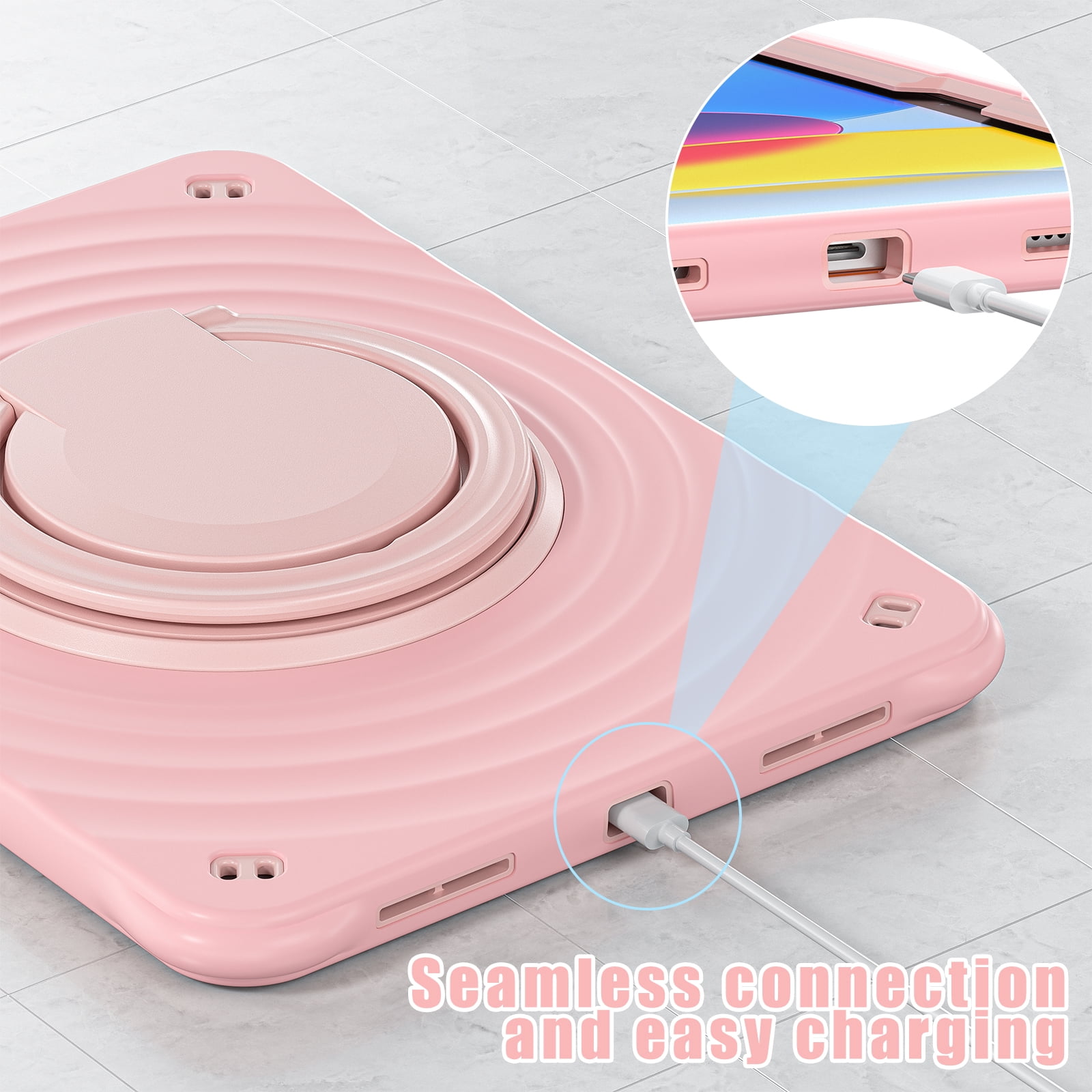 ELEHOLD Case for Apple iPad 10th Gen, Portable Hybrid Shockproof iPad Case with Pencil Holder & Hanging Ring Handle Rotatable Kickstand,Pink