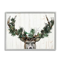 Stupell Industries Pine Garland Deer Antlers Holiday Painting Gray Framed Art Print Wall Art, 30 x 24