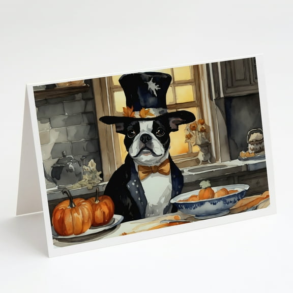 Boston Terrier Fall Kitchen Pumpkins Greeting Cards and Envelopes Pack of 8 7 in x 5 in