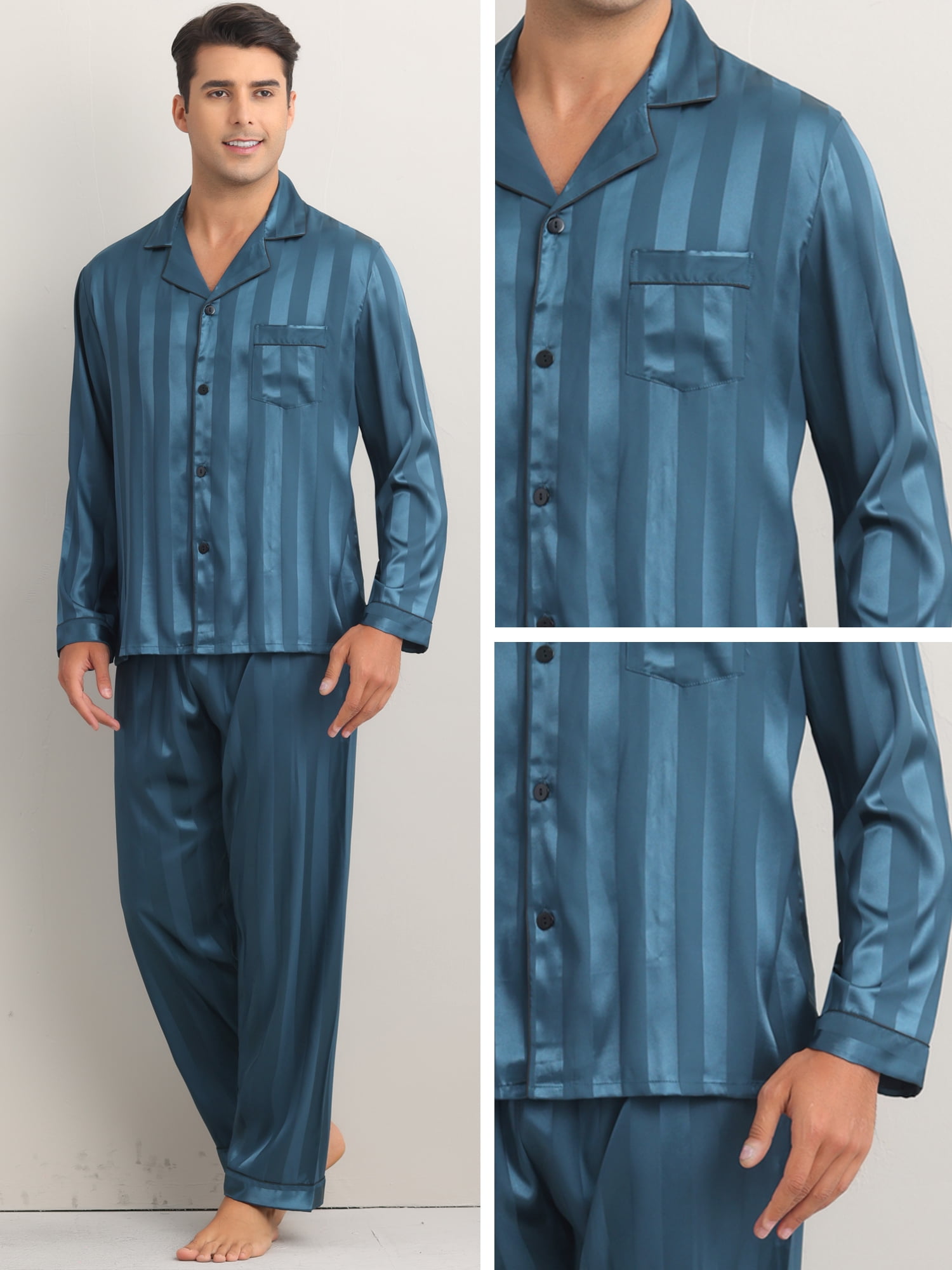 DARING DIVA Men's 2-Piece Long Sleeve Top And Pants Striped Pajama Set S Dark Blue