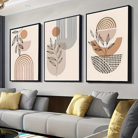 3pcs Frameless Plant Geometric Abstract Canvas Prints - Sun and Moon Minimalist Art, Large Size Posters for Living Room, Bedroom, Dining Room, Office Wall Decor, Holiday Gift