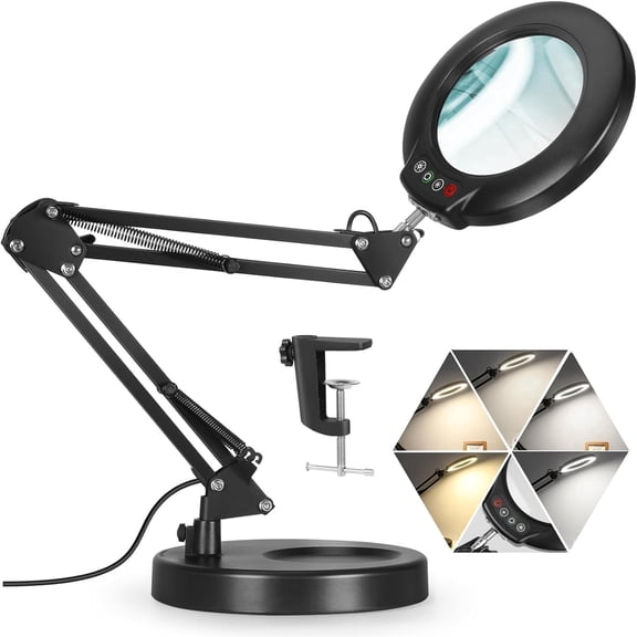 Magnifying Glass with Light, 5 Color Modes Stepless Dimmable 2 in 1 Desk Lamp and Clamp, LED Lighted Magnifier with Light and Stand, Hands Free for Craft Repair Hobby Painting Close Work