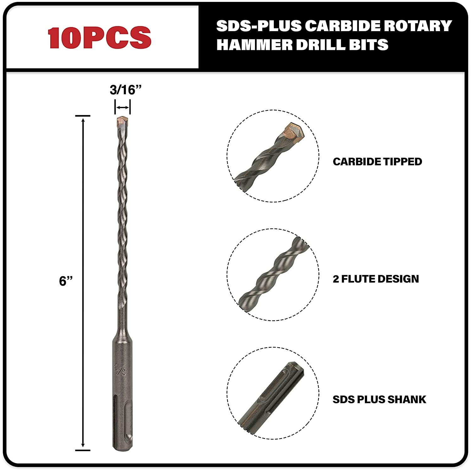30PCS 3/16"x6" Drill Bit Set SDS Plus Rotary Hammer Concrete Masonry Carbide Tip