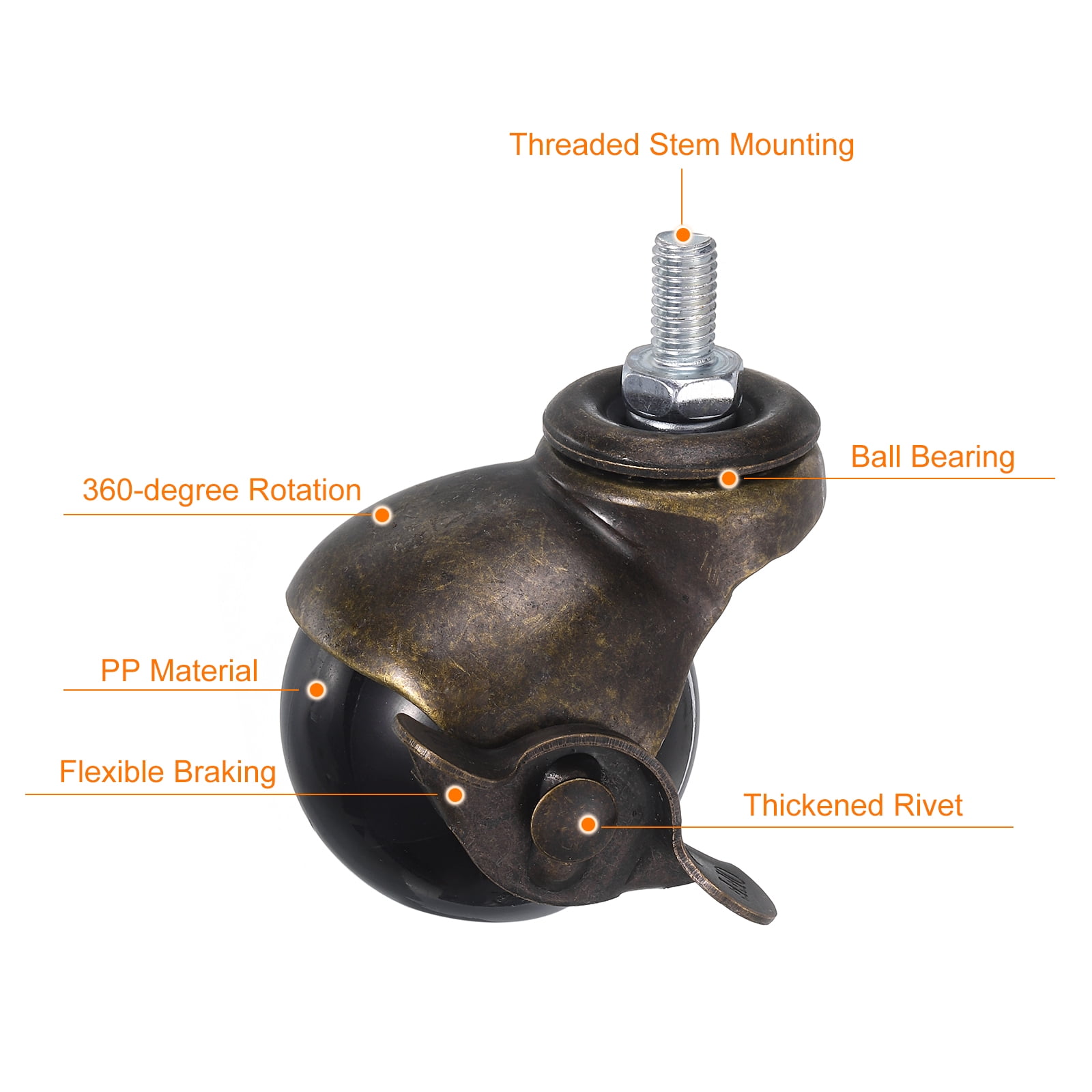 2 Inch Ball Caster Wheels with Brake, 4 Pack Threaded Stem Caster, Bronze Tone