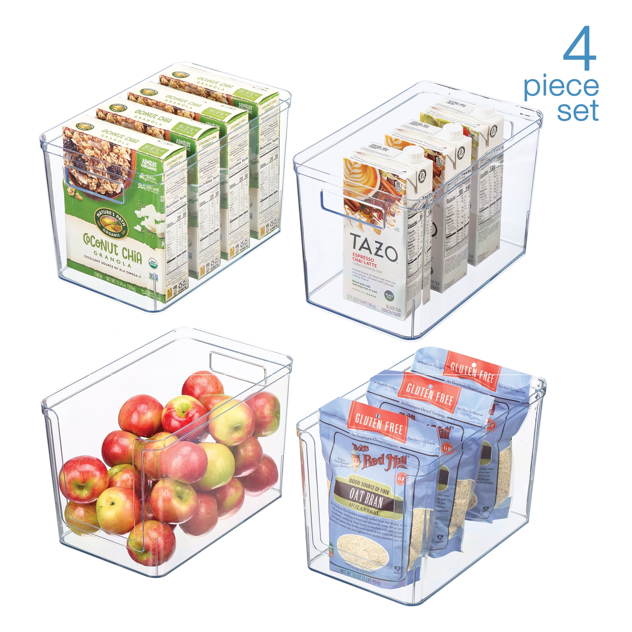 Mainstays 4-Piece Clear Plastic Pantry Storage Bin Organizer Set, Kitchen Cabinet, Fridge, Shelf and Countertop Storage Containers for Pantry Organization