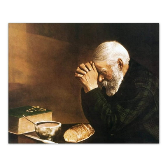 Daily Bread Man Praying at Dinner Table Religious Art Print 16x20 (with Frame Options)