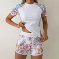 thumbnail image 2 of Womens Surfing Swimsuit 2 Piece Bathing Suit Crew Neck Short Sleeve Tees Drawstring Shorts Stretchy Modest Swimset (XL, White), 2 of 5