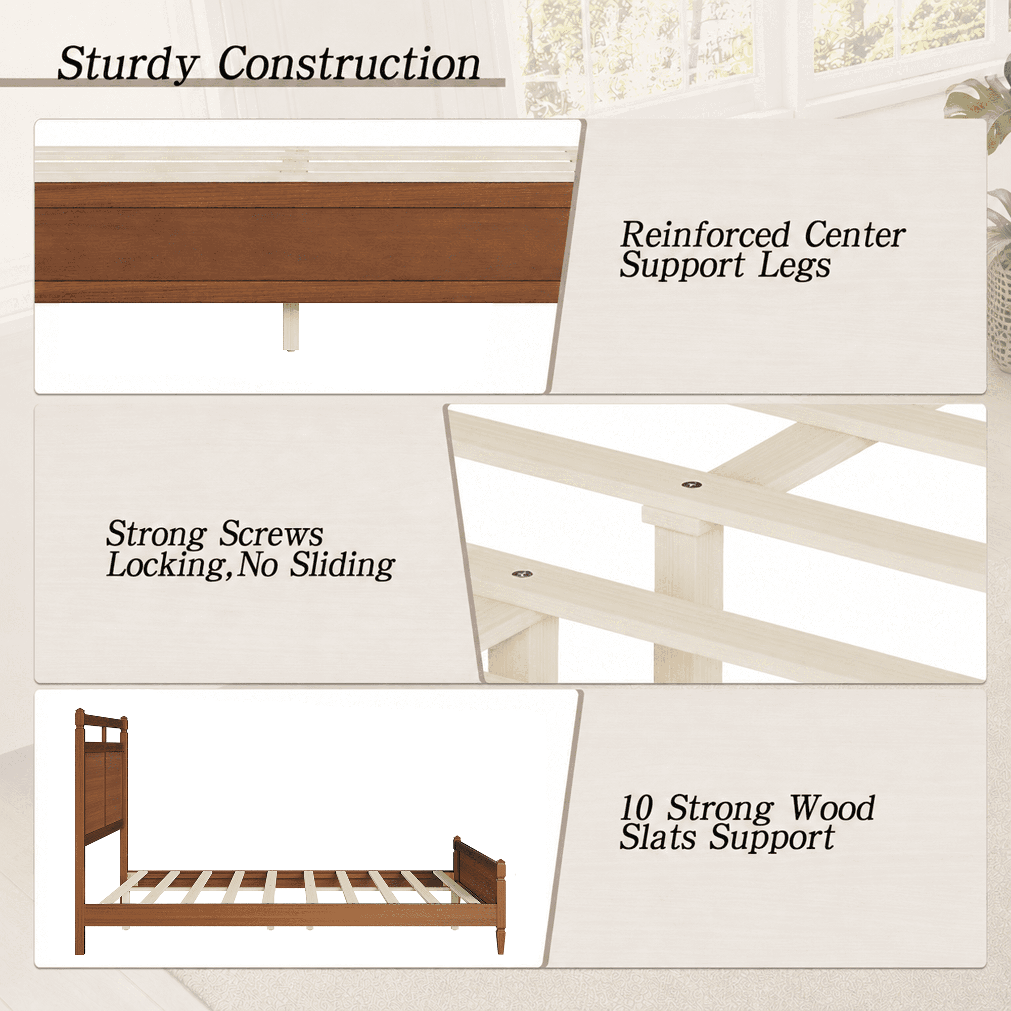 Euroco Modern Wood Queen Size Platform Bed, Mid-Century Bed Frame with Panel Headboard, No Box Spring Needed, Light Walnut