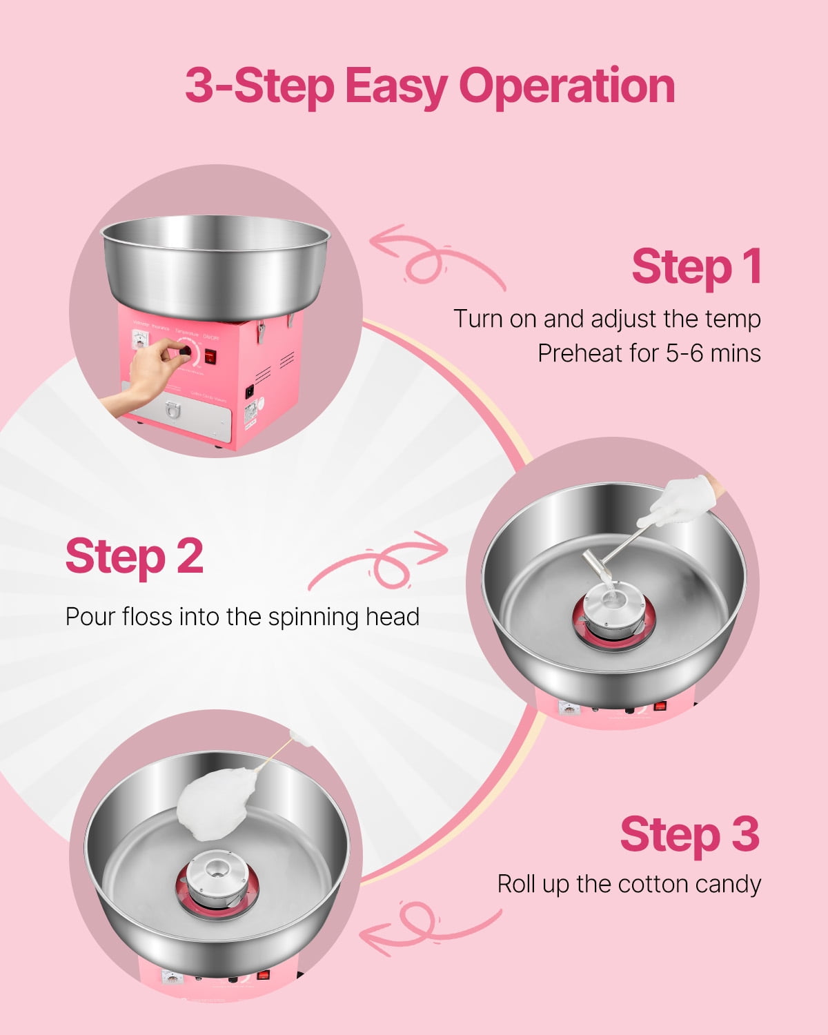 VEVOR Electric Cotton Candy Machine, 1000W Commercial Candy Floss Maker with 20.5 in Stainless Steel Bowl, Sugar Scoop, and Drawer, Easy Home Use, Perfect for Kids Birthday, Family Party, Pink